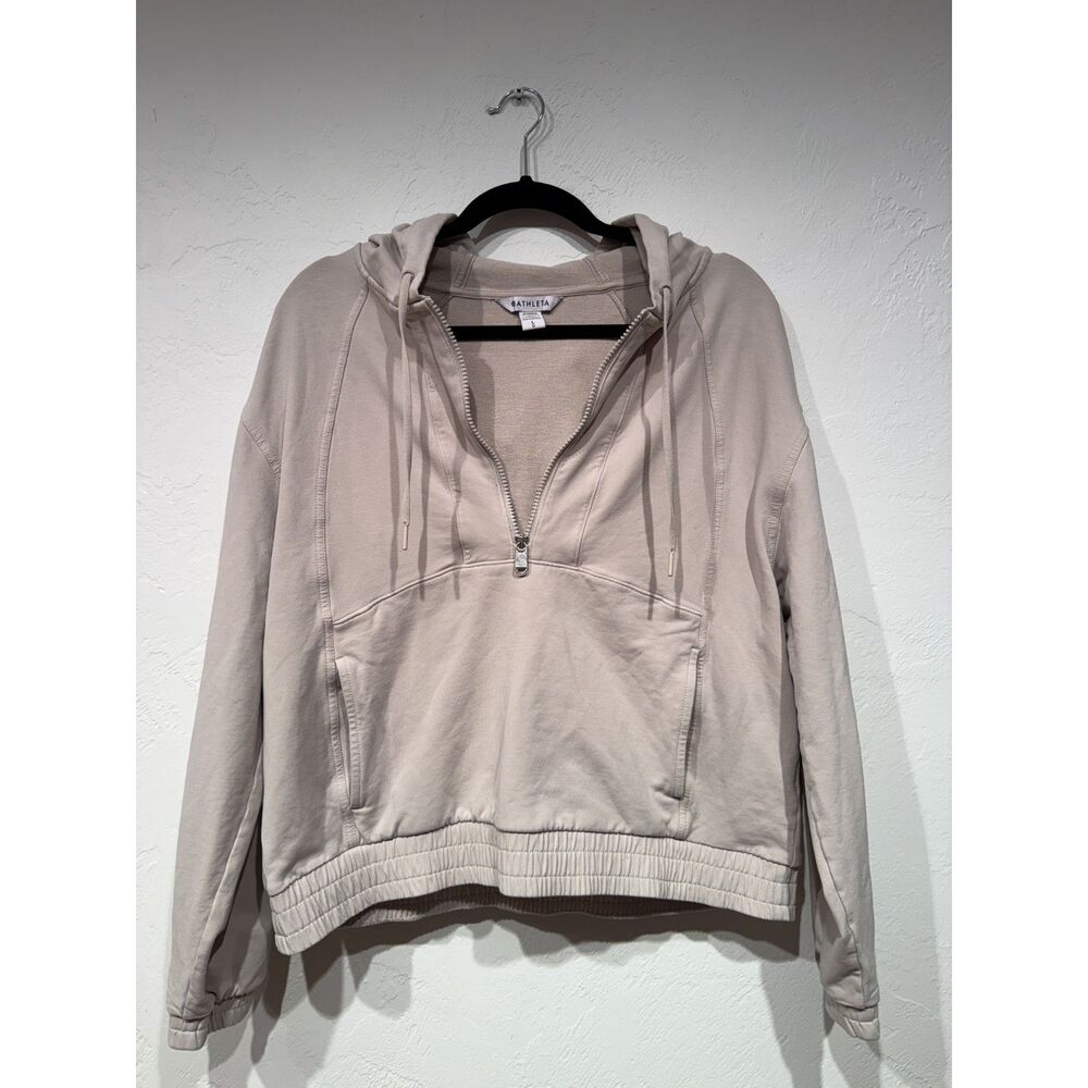 Athleta Cropped Half Zip Hoodie Cream Beige Pullover Sweatshirt Large L